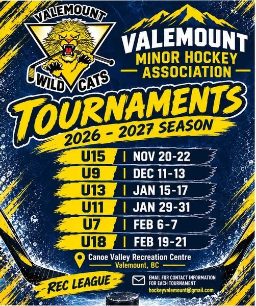 Poster for Valemount Minor Hockey Association Tournaments 2026-2027 Season
