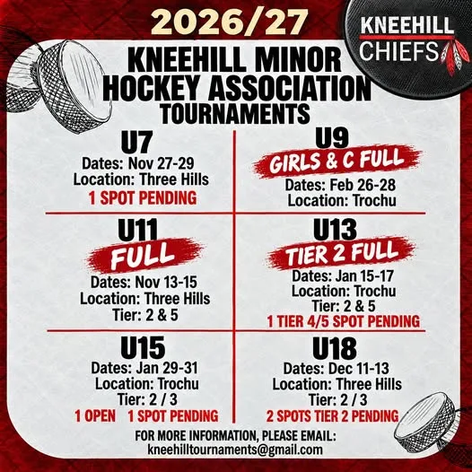 Poster for Kneehill Minor Hockey Association Tournaments